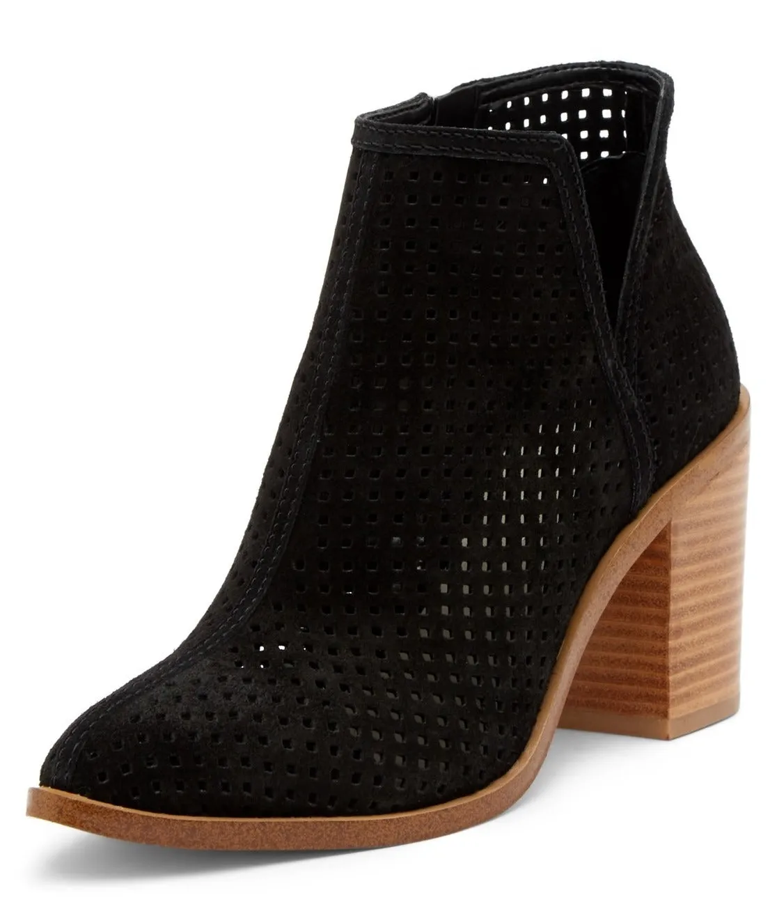 1. STATE Larocka Black Suede Stacked Block Heeled Perforated Ankle Booties