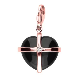 18ct Rose Gold Whitby Jet One Diamond Large Cross Heart Charm