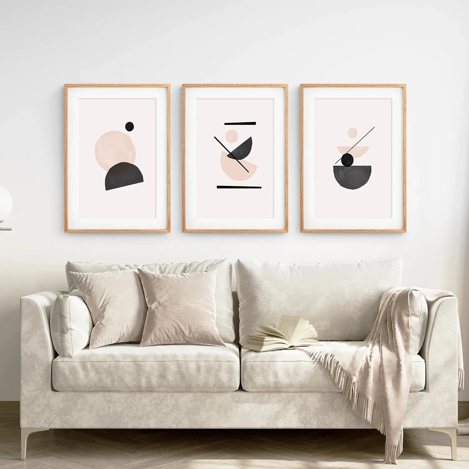 3 Piece Mid-Century Abstract Art. Beige and Black