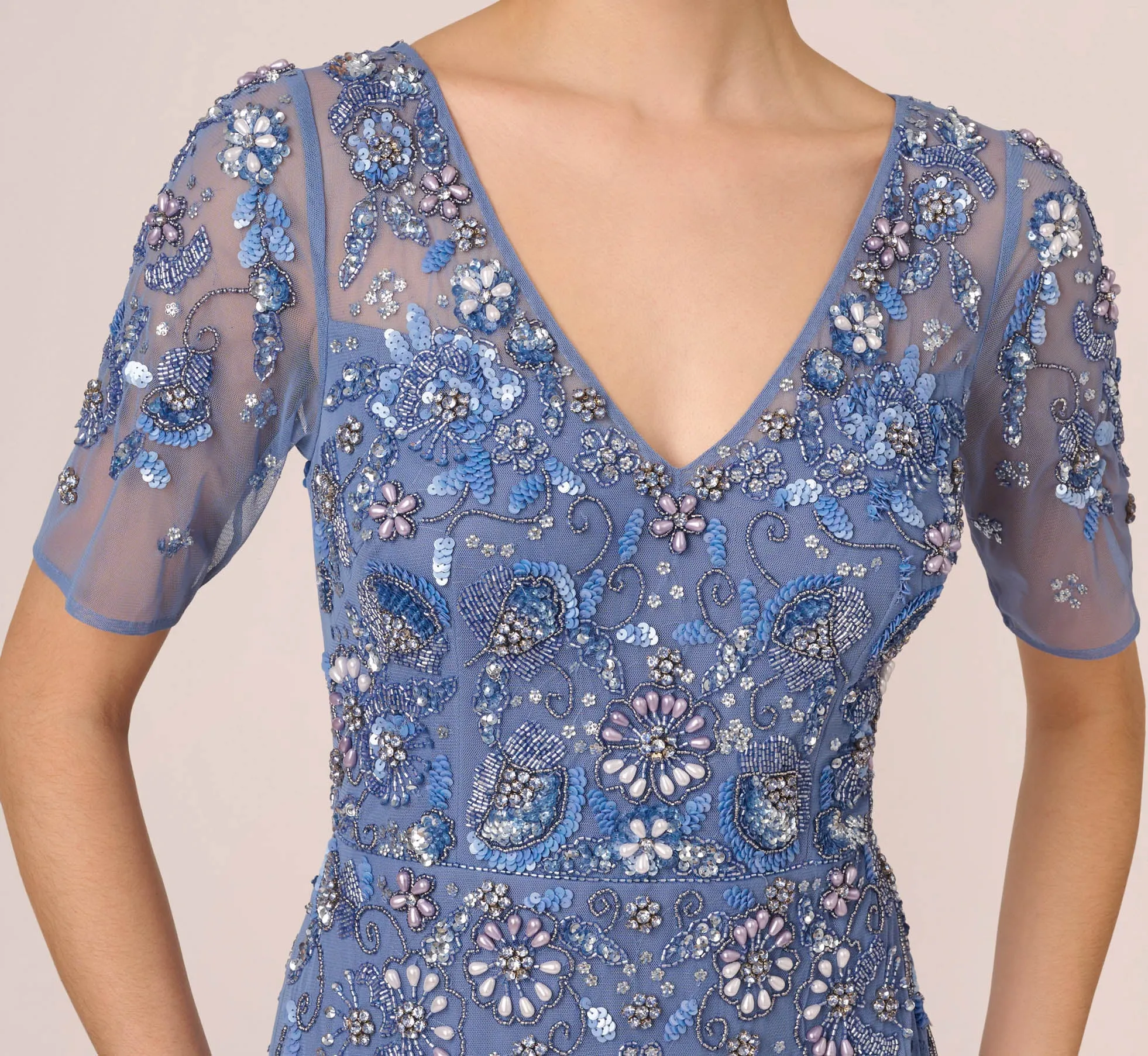 3D Floral Beaded Mermaid Gown With Sheer Short Sleeves In French Blue