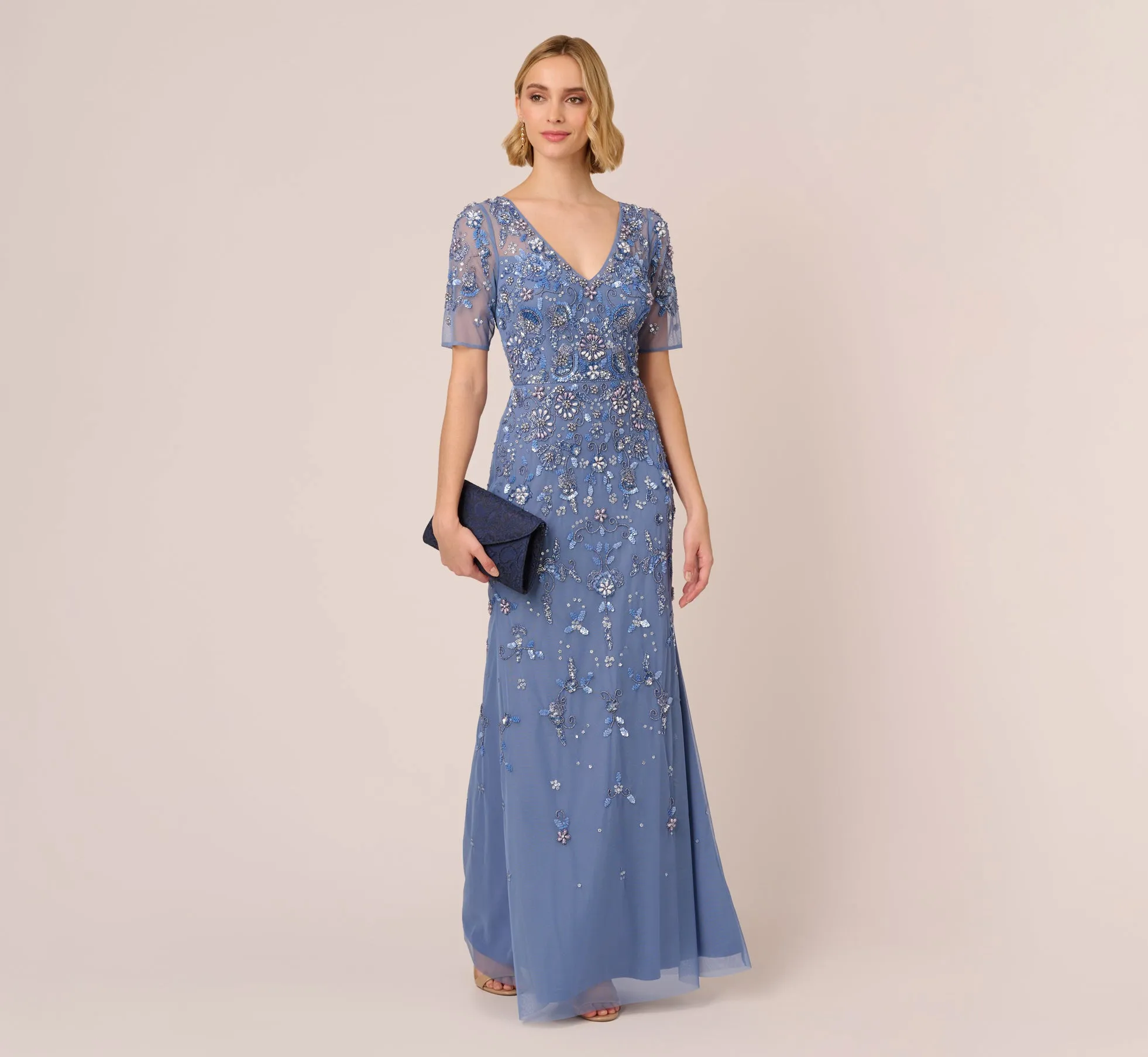 3D Floral Beaded Mermaid Gown With Sheer Short Sleeves In French Blue