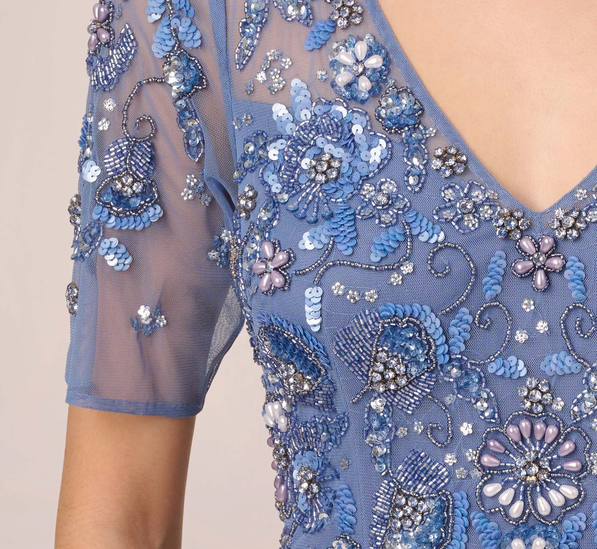 3D Floral Beaded Mermaid Gown With Sheer Short Sleeves In French Blue