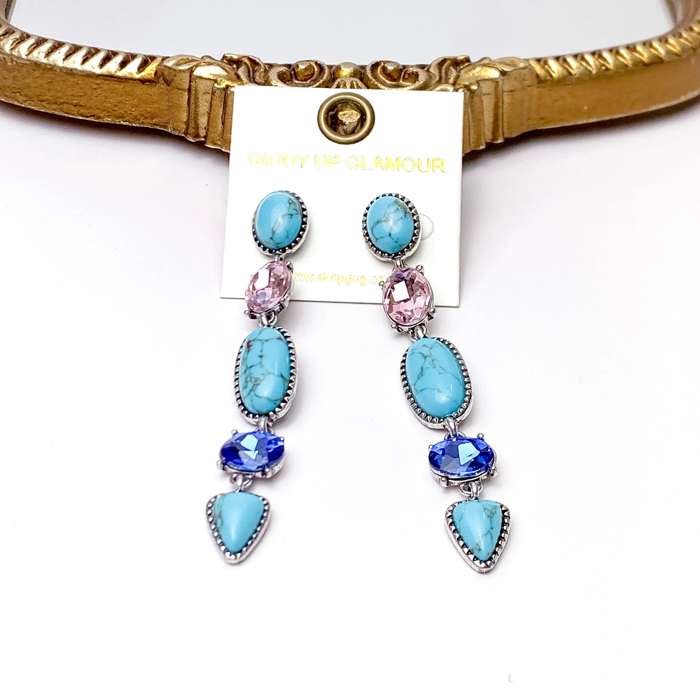 5 Tier Faux Turquoise Stone and Light Pink and Blue Crystal Dangle Earrings