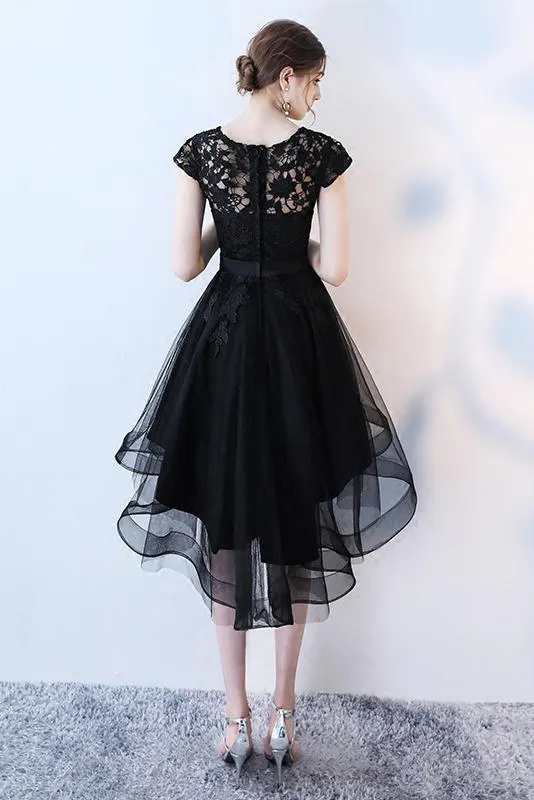 A Line Black High Low Scoop Cap Sleeve Tulle Homecoming Dresses with Lace Prom Dress JS854