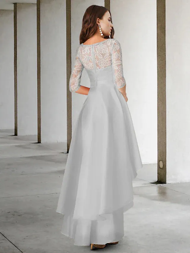 A-Line Mother of the Bride Dress Elegant High Low Jewel Neck Asymmetrical Chiffon Lace Half Sleeve with Appliques Cascading Ruffles