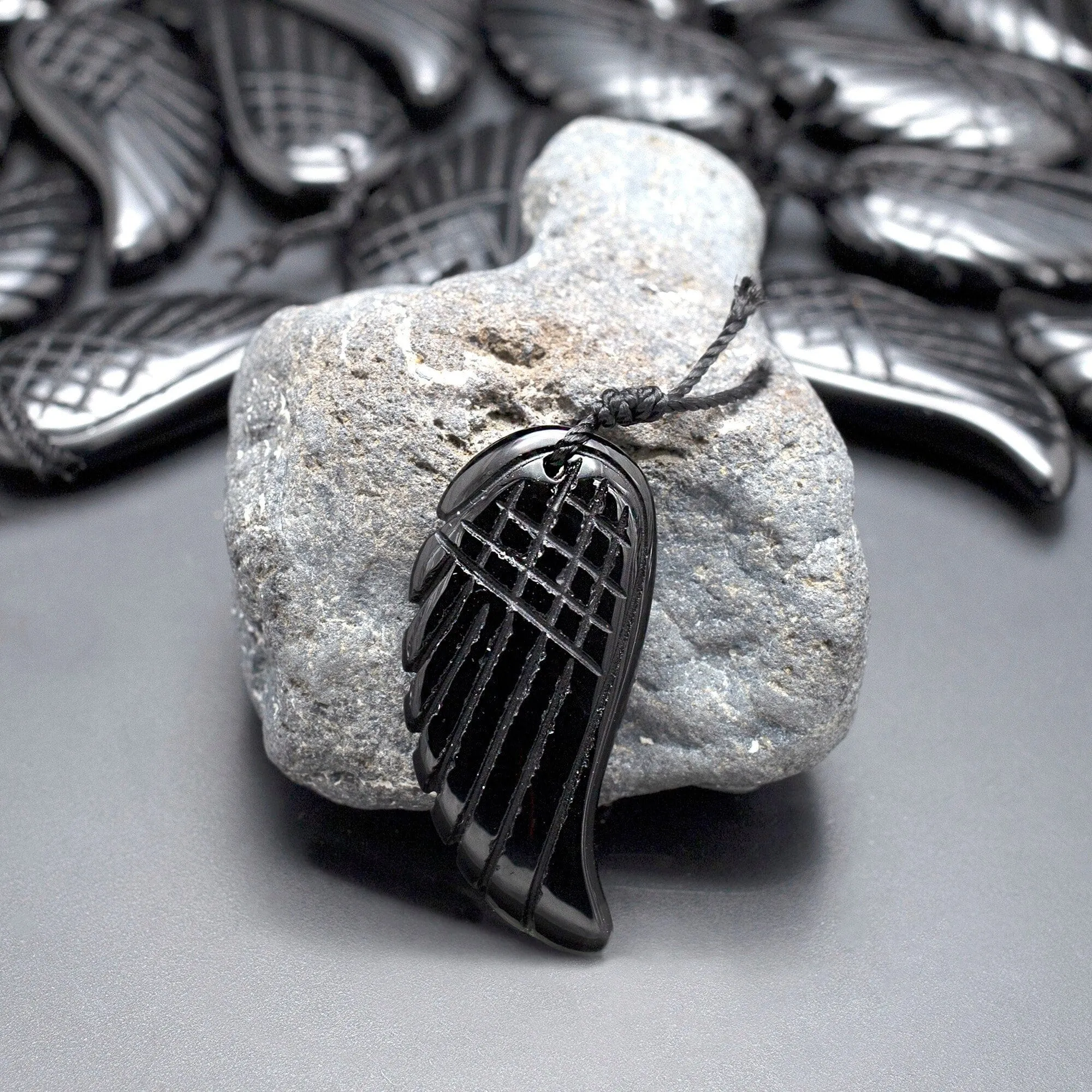 AAA Hand Carved Natural Black Onyx Angel Wing Pendant Bead Drilled Gemstone