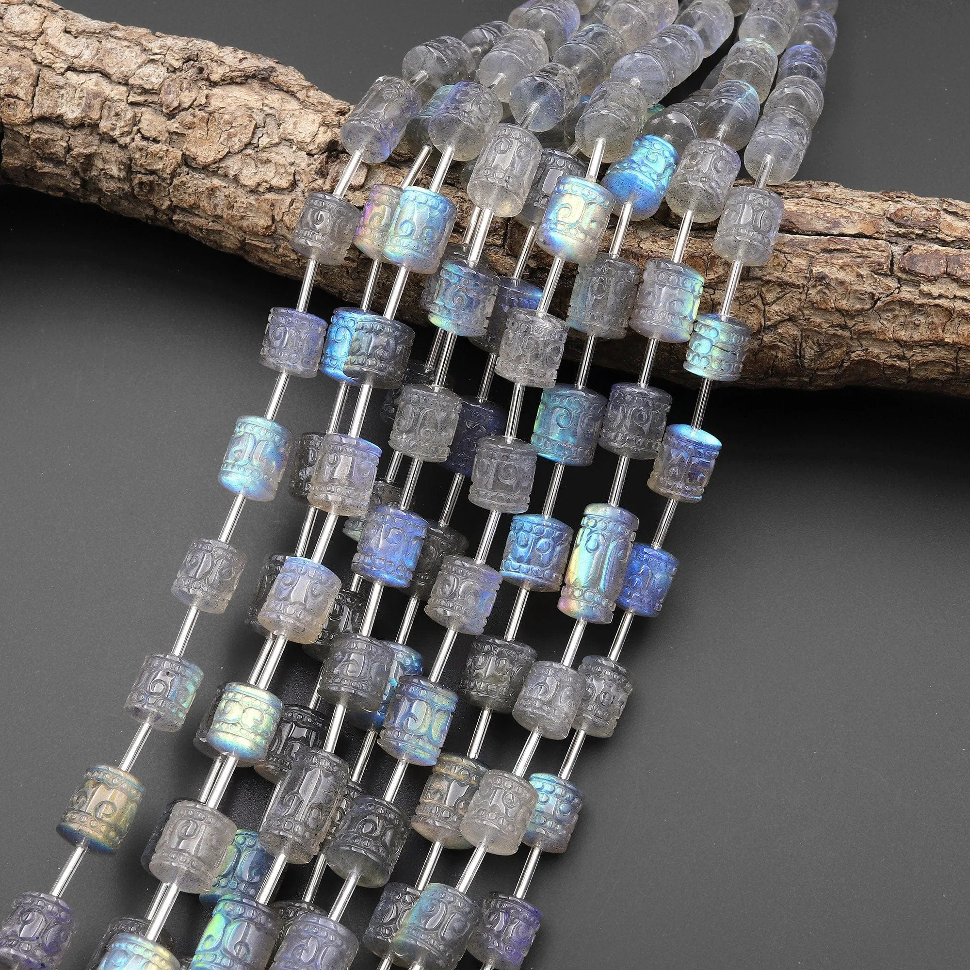 AAA Labradorite Hand Carved Tube Cylinder Gemstone Beads 10mm 12mm 14mm 15.5" Strand