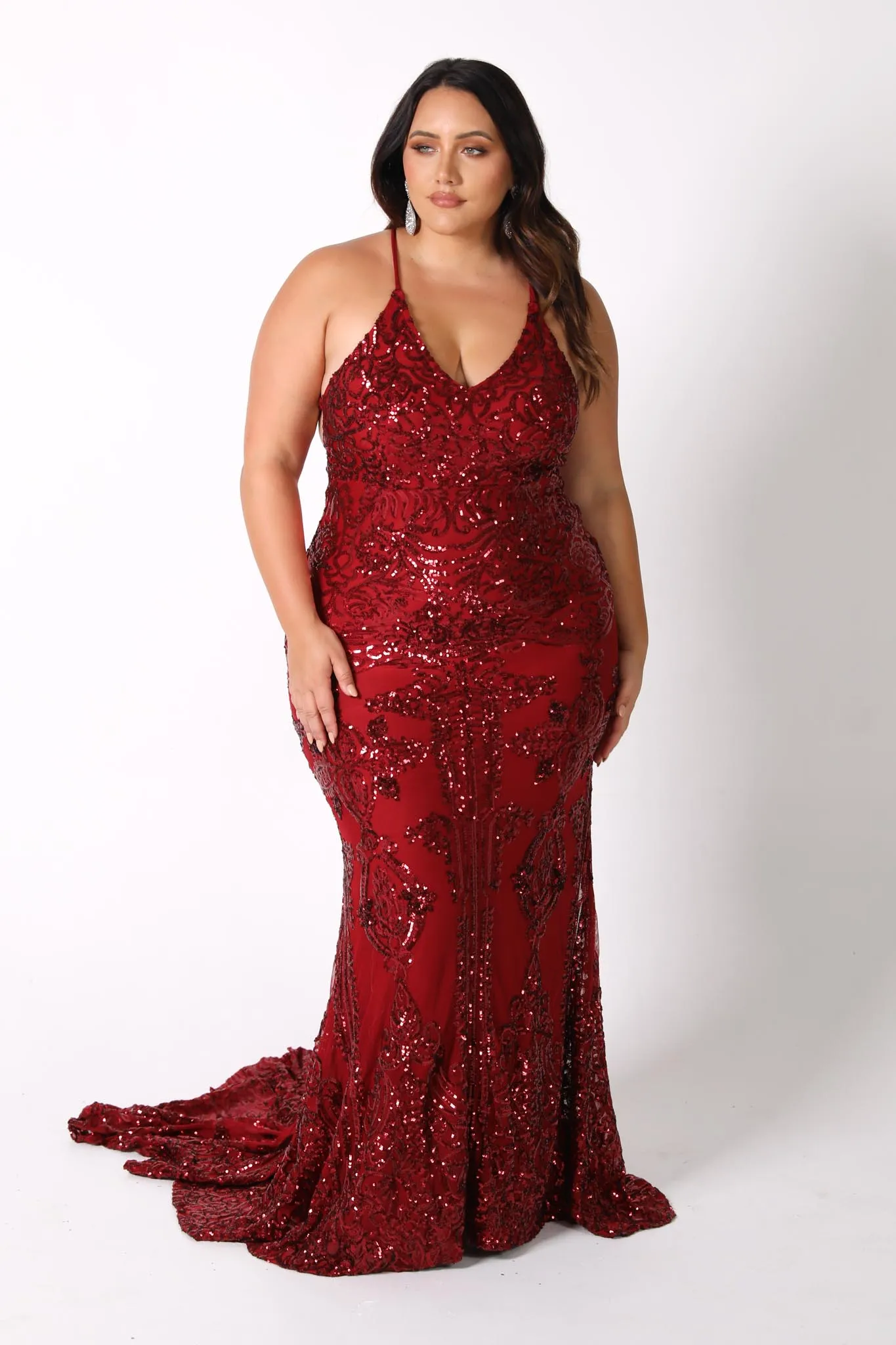 AMIYA Lace Up Back Pattern Sequin Gown - Wine