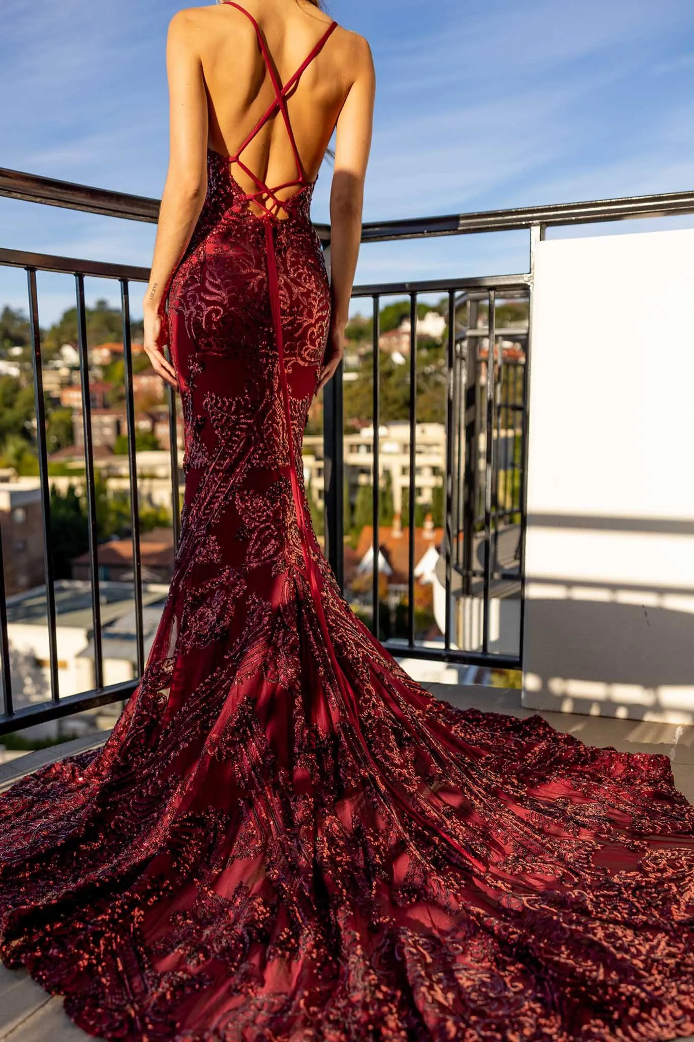 AMIYA Lace Up Back Pattern Sequin Gown - Wine