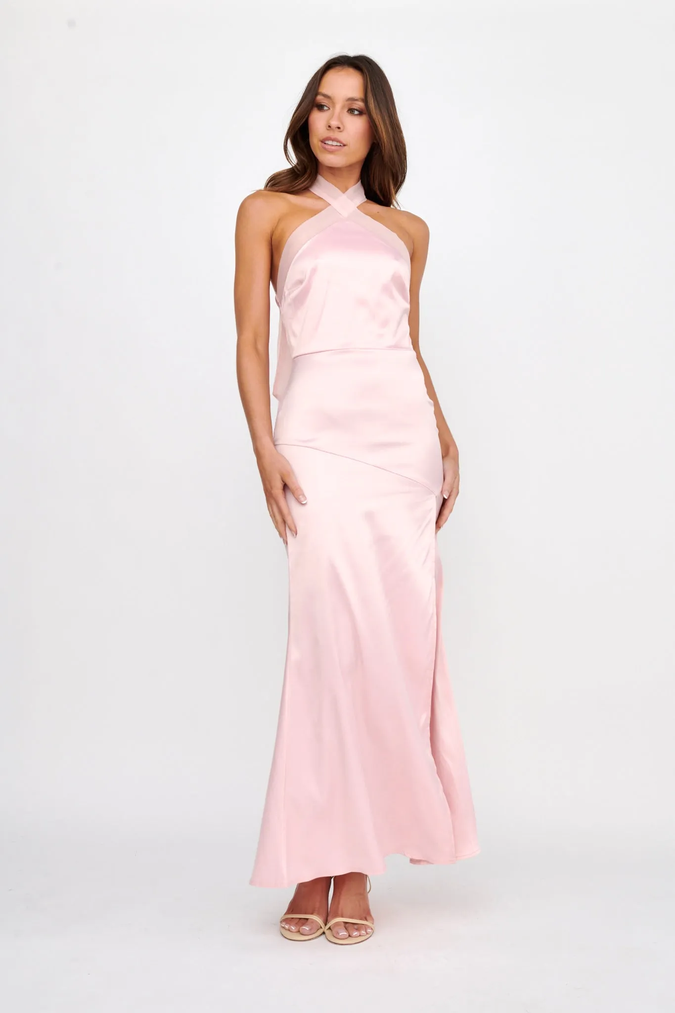 Andria Halterneck Bow Satin Maxi Dress Blush