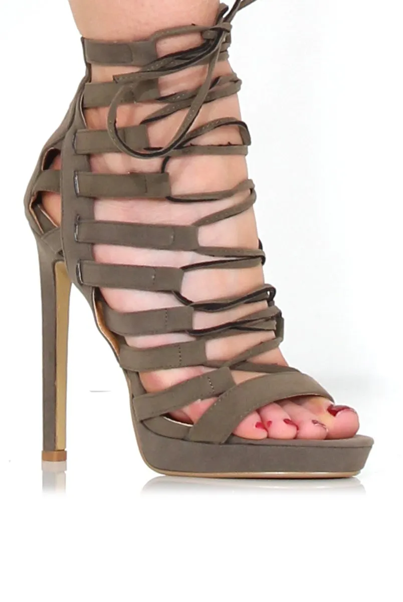 Angel Khaki Suede Caged Platform Heels