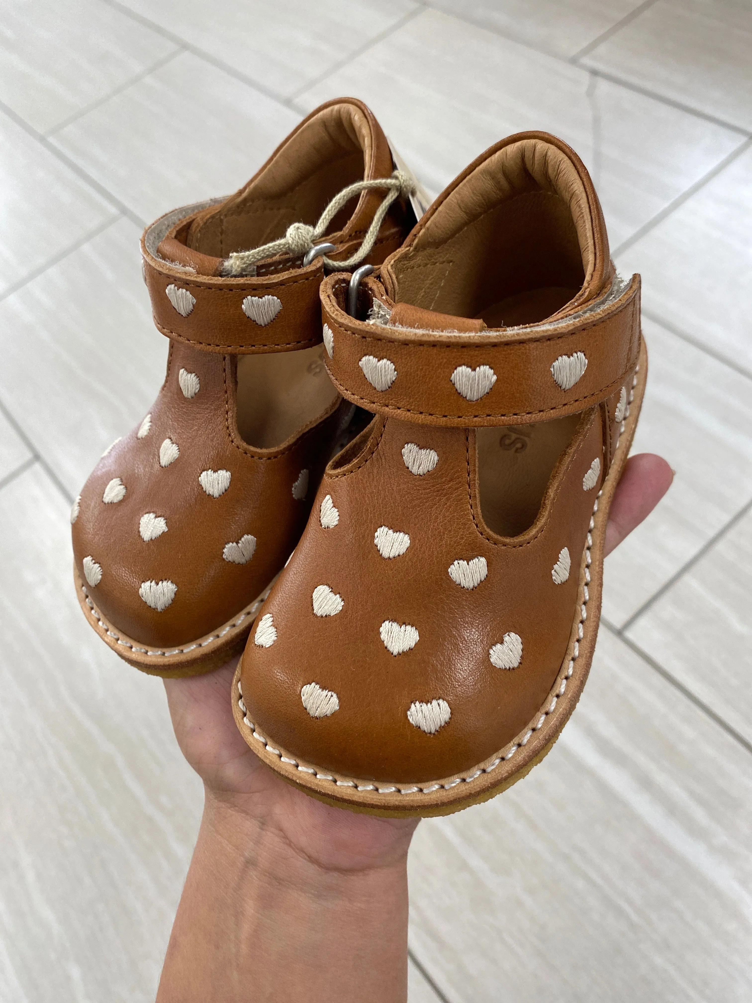 Angulus Cognac Heart T Strap Baby Shoe