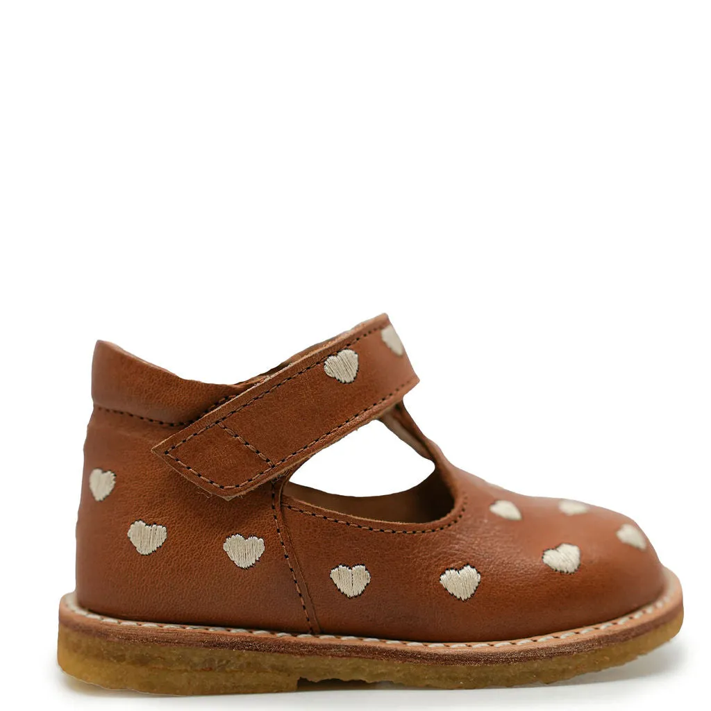 Angulus Cognac Heart T Strap Baby Shoe