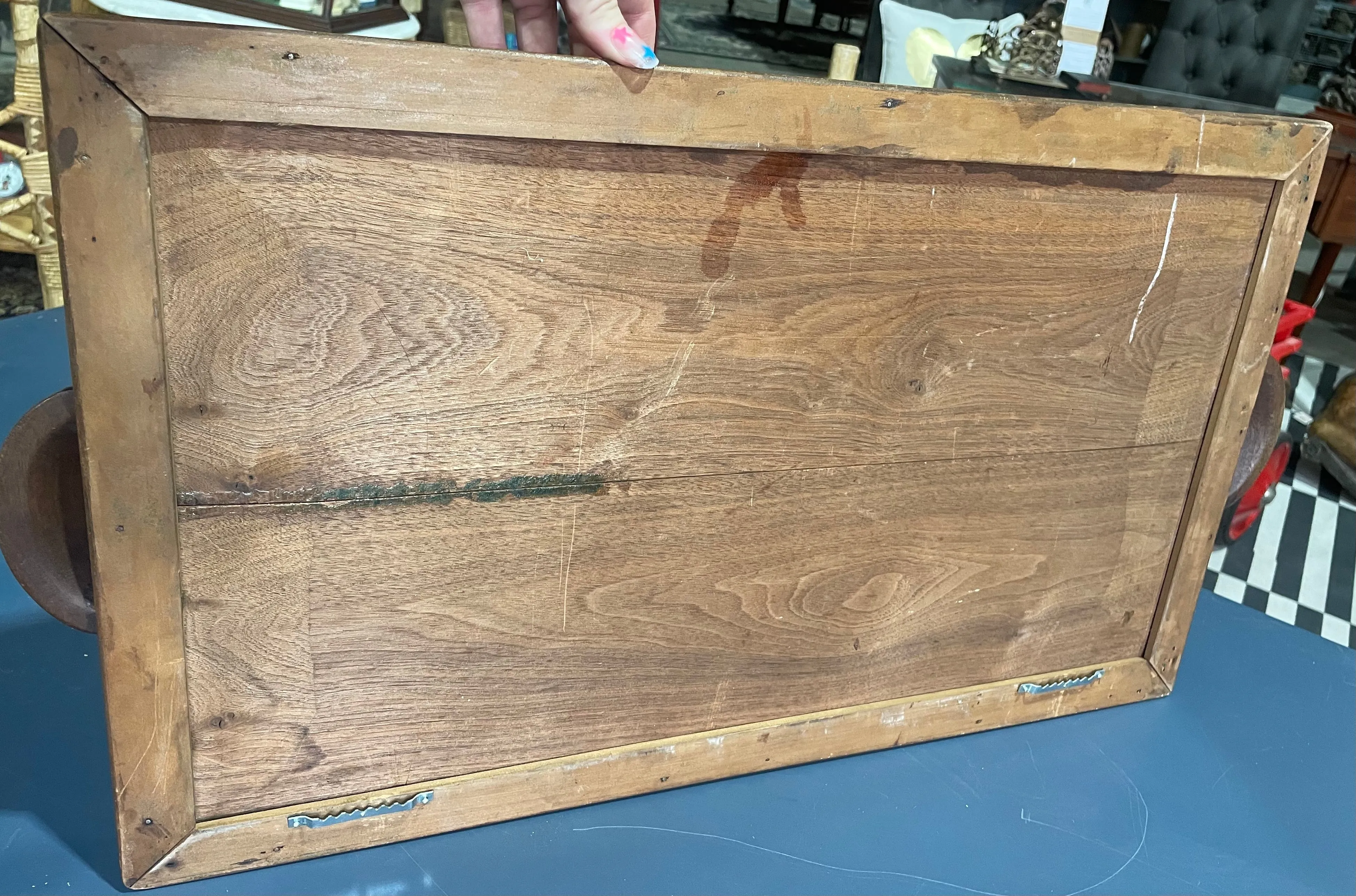 Antique Wooden, Glass-Top Serving Tray