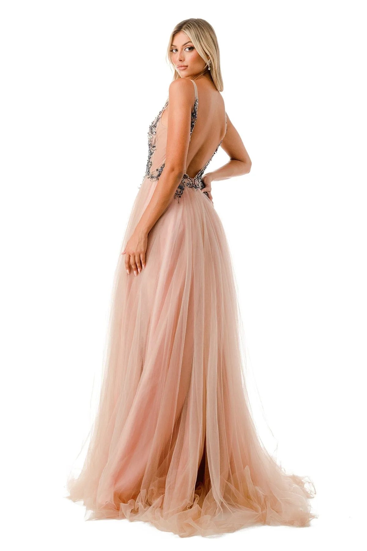 Applique Bodice Deep V-Neck Tulle Gown by Coya L2781A