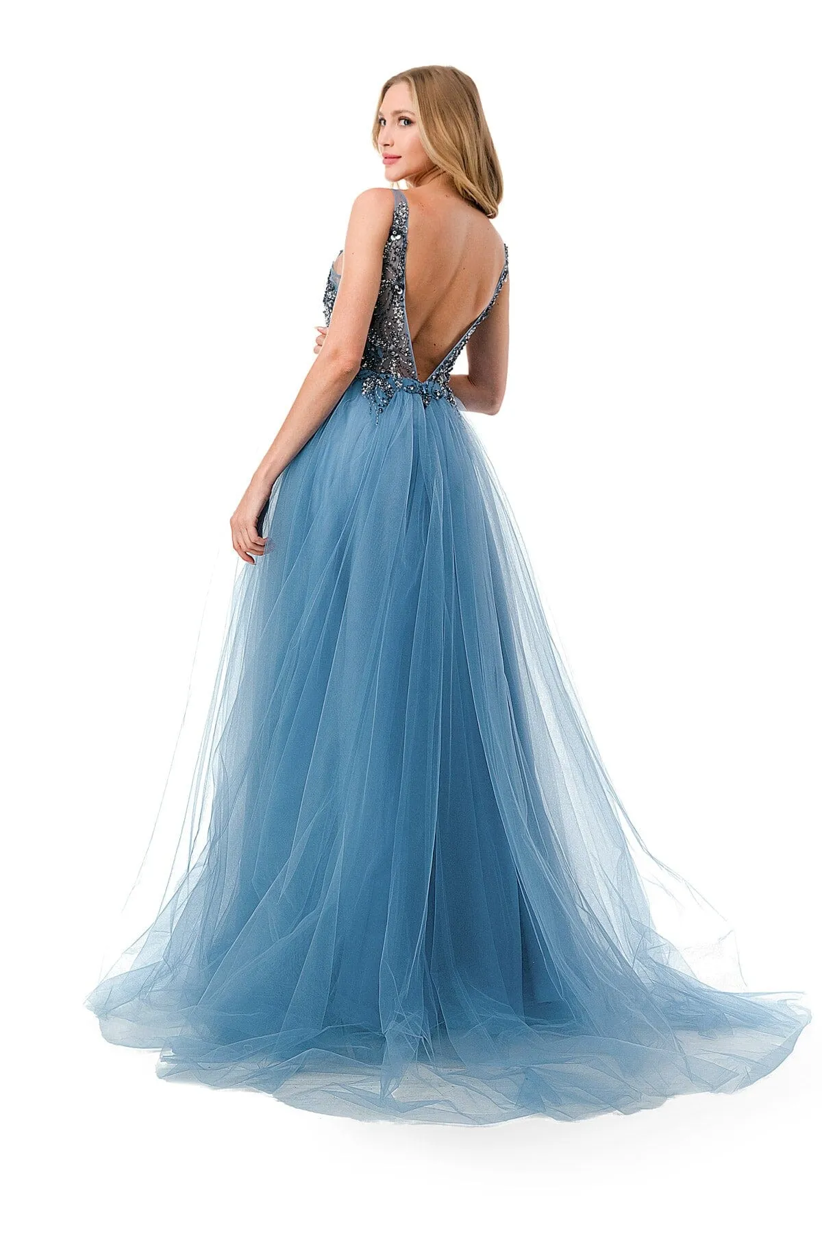 Applique Bodice Deep V-Neck Tulle Gown by Coya L2781A