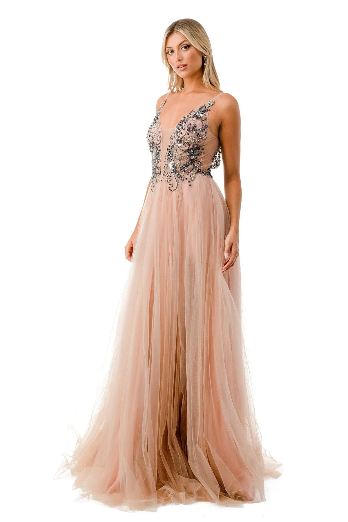 Applique Bodice Deep V-Neck Tulle Gown by Coya L2781A