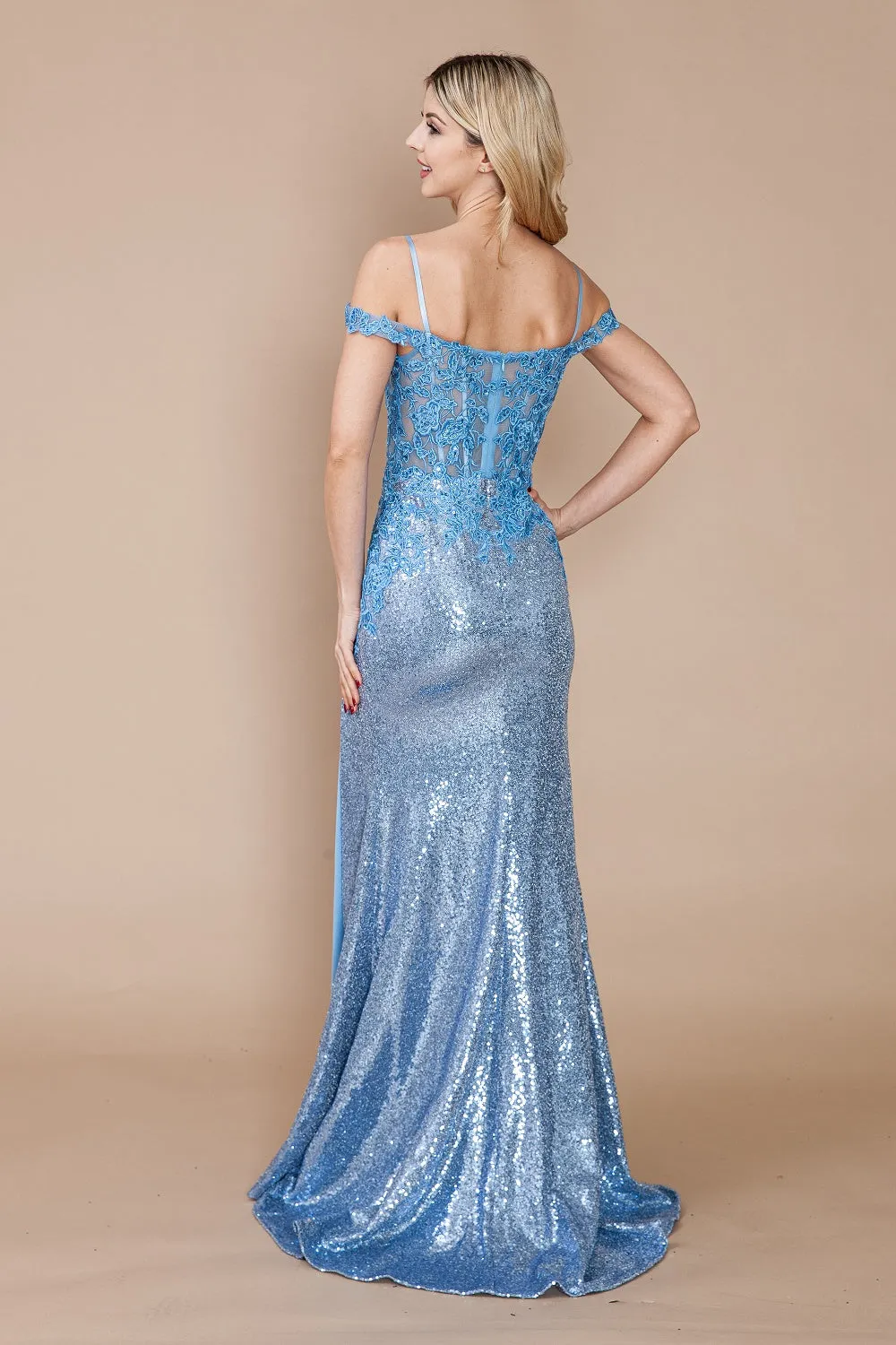 Applique Cold Shoulder Sequin Slit Gown by Poly USA 9398