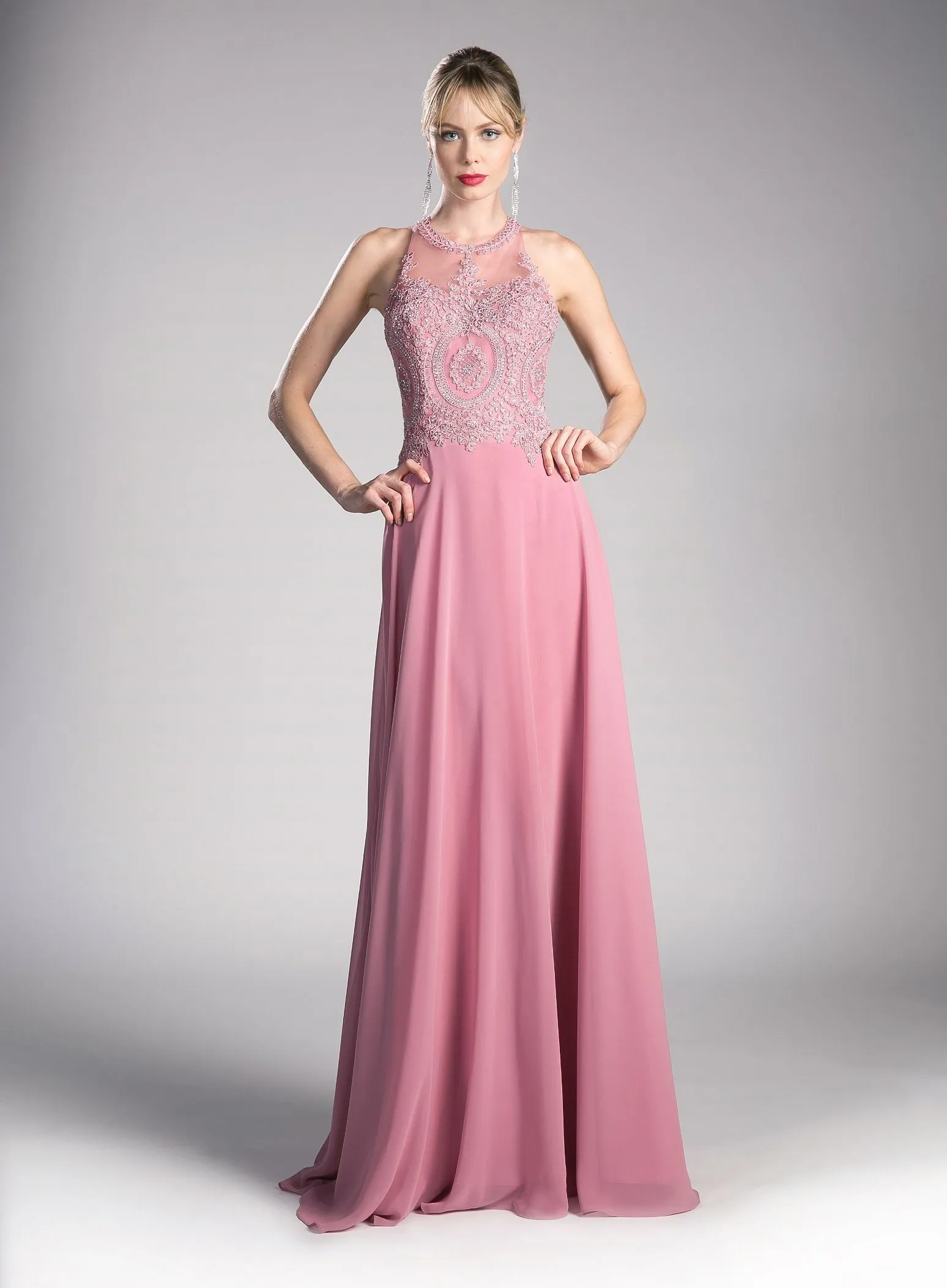 Applique Long Illusion Dress by Cinderella Divine UJ0120