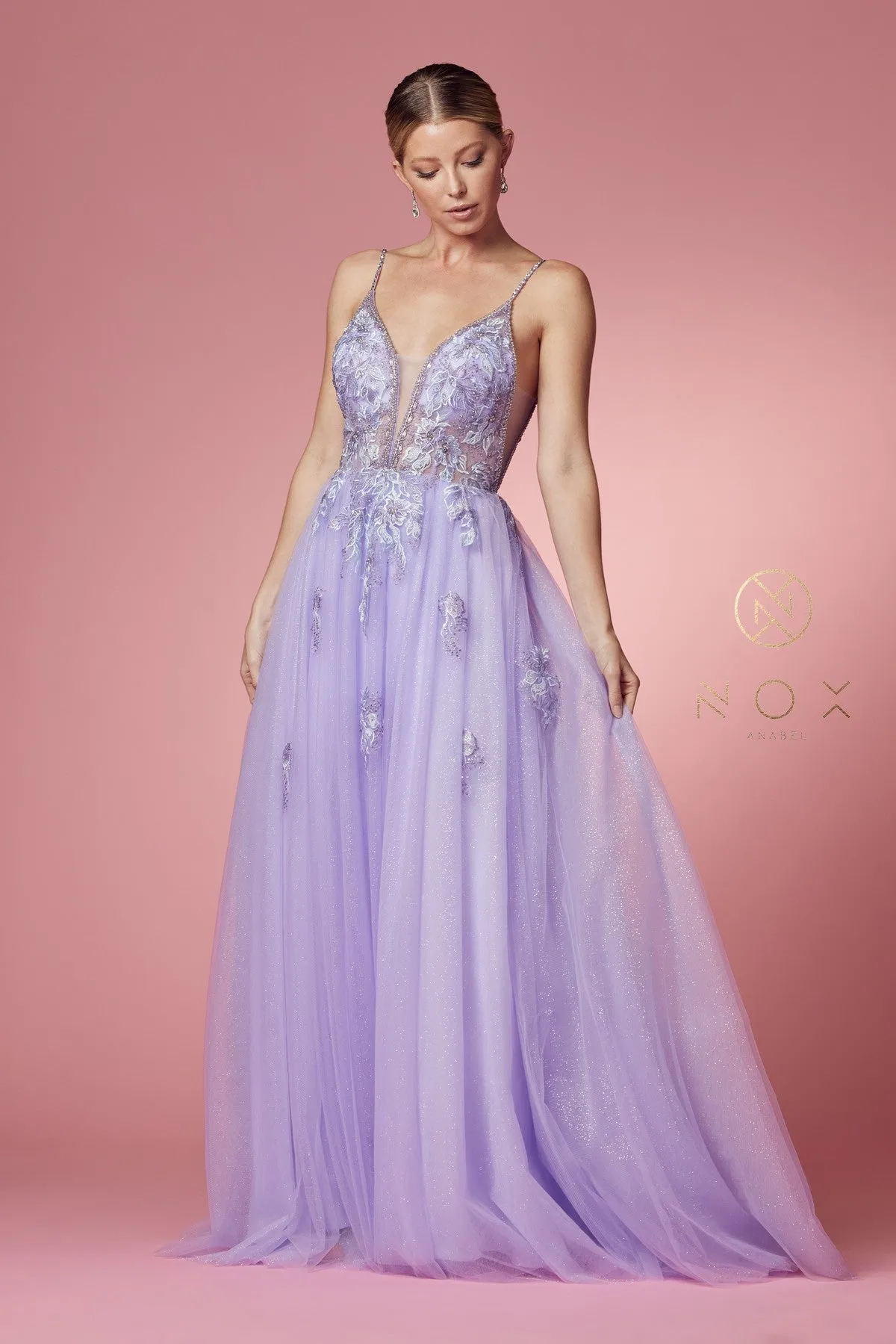 Applique Sheer Sleeveless Gown by Nox Anabel T1012