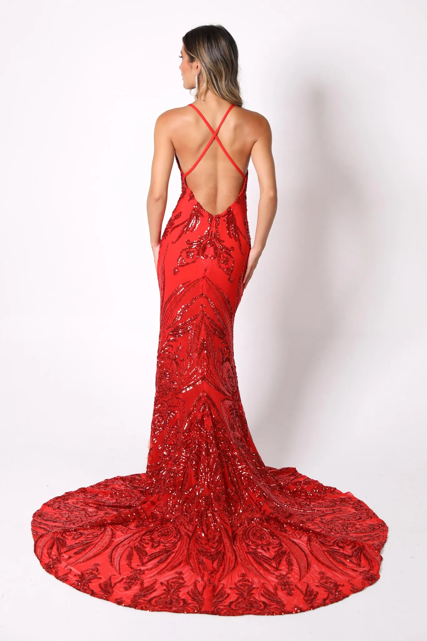 Ariella Side Slit Pattern Sequin Gown - Red