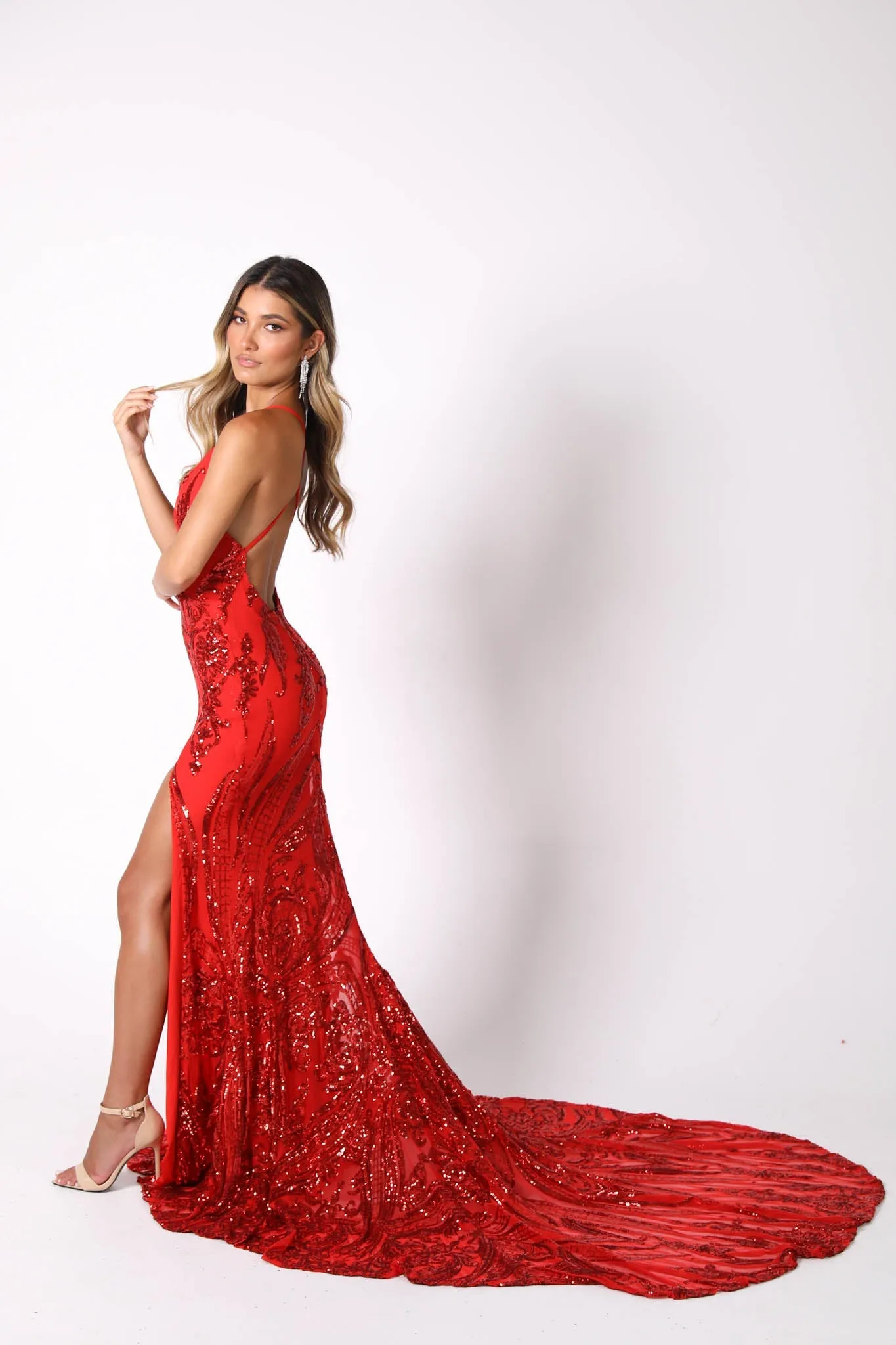 Ariella Side Slit Pattern Sequin Gown - Red