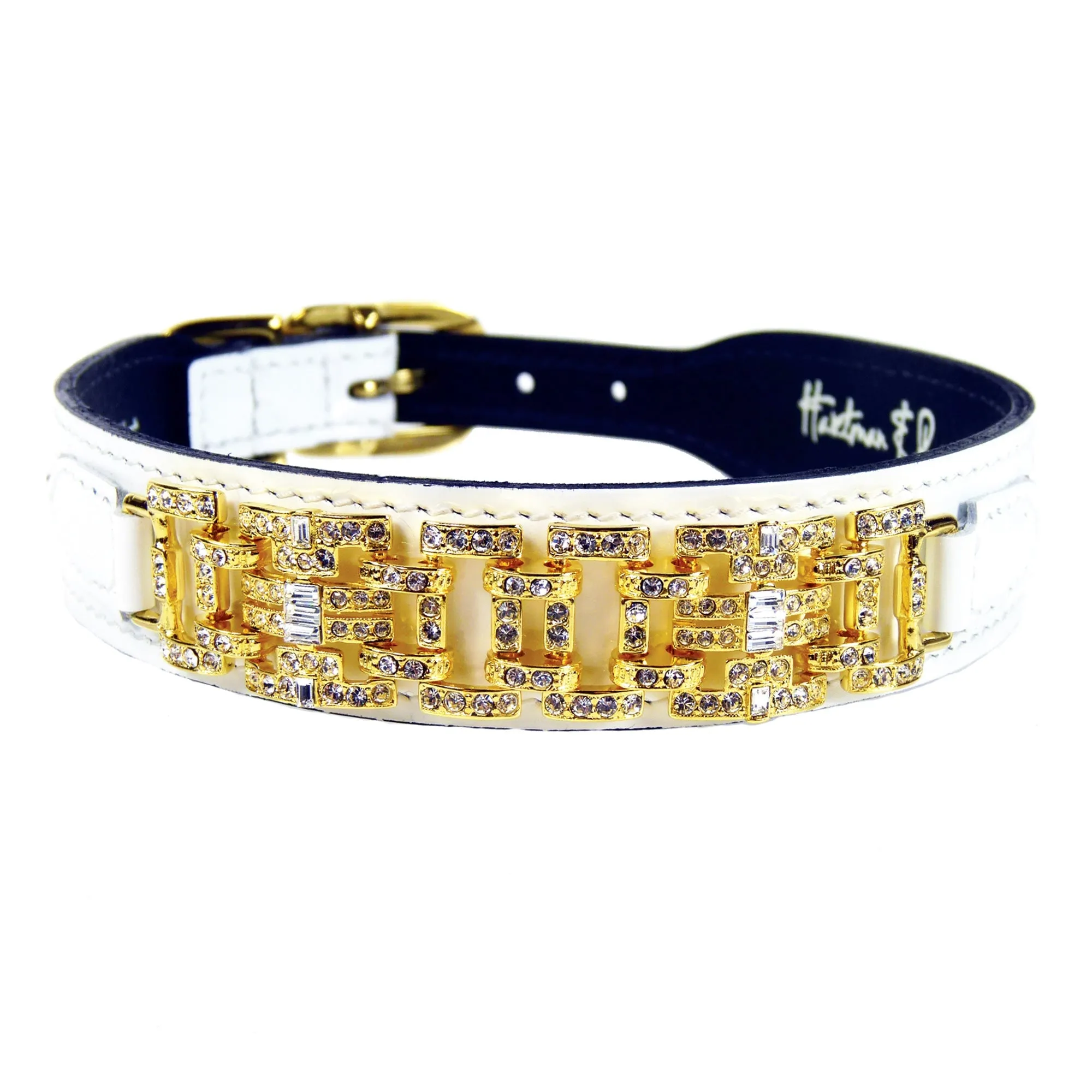 Art Deco Dog Collar in White Patent & Gold