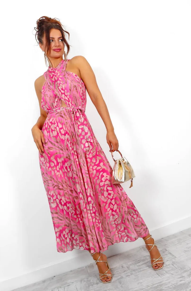 Artemis - Pink Animal Print Pleated Midi Dress