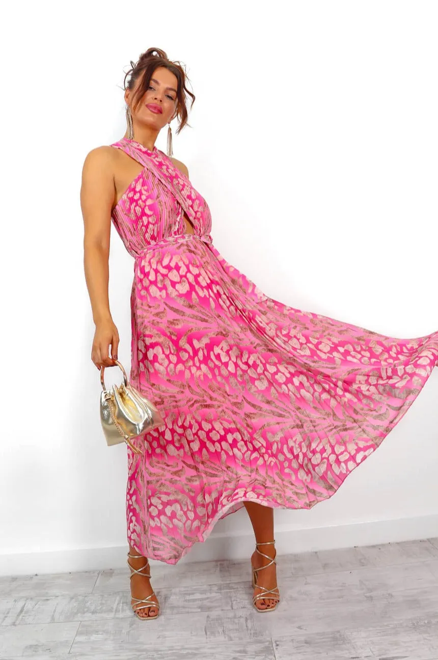 Artemis - Pink Animal Print Pleated Midi Dress