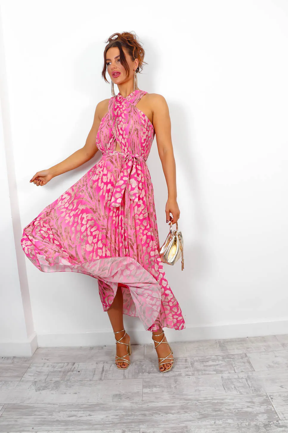 Artemis - Pink Animal Print Pleated Midi Dress