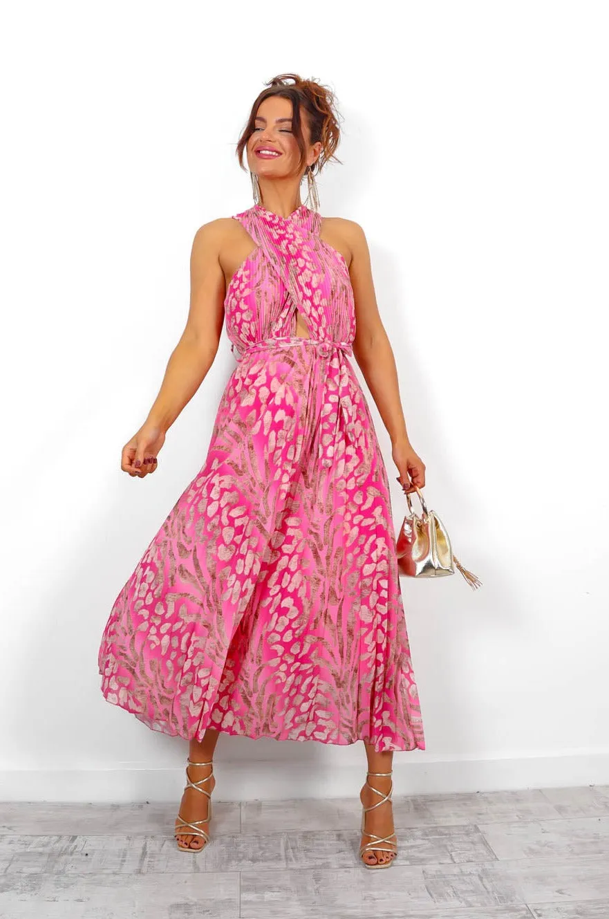 Artemis - Pink Animal Print Pleated Midi Dress