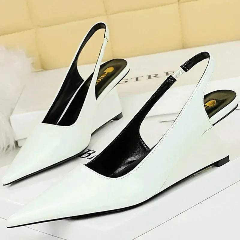 ARWEN AJH 2024 Women 6.5cm High Heels Pumps Lady Pointed Toe Wedges Strange Middle Low Heels White Nude Pink Mules Patent Leather Shoes