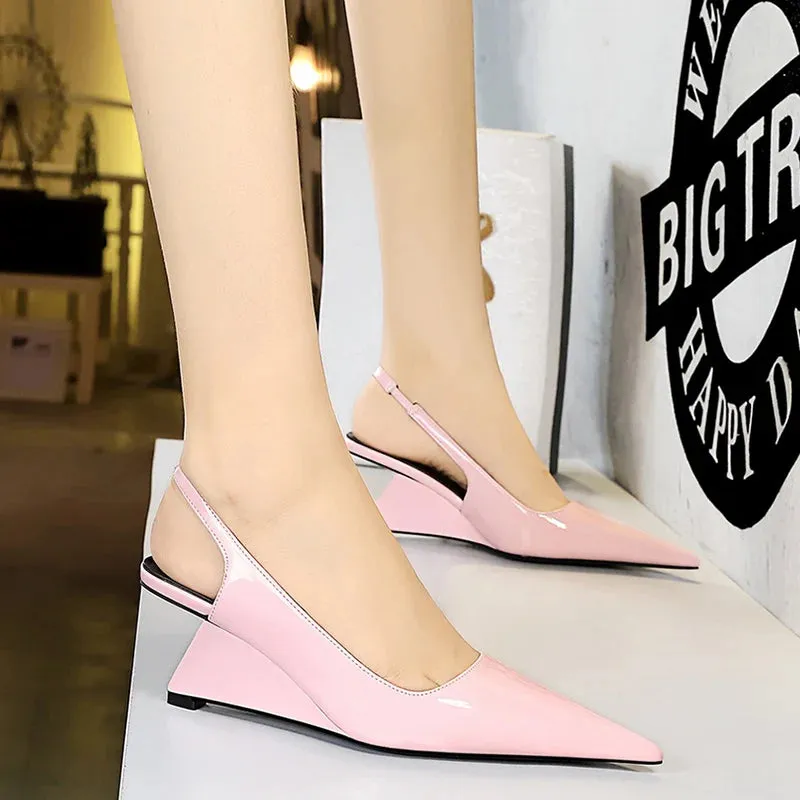 ARWEN AJH 2024 Women 6.5cm High Heels Pumps Lady Pointed Toe Wedges Strange Middle Low Heels White Nude Pink Mules Patent Leather Shoes