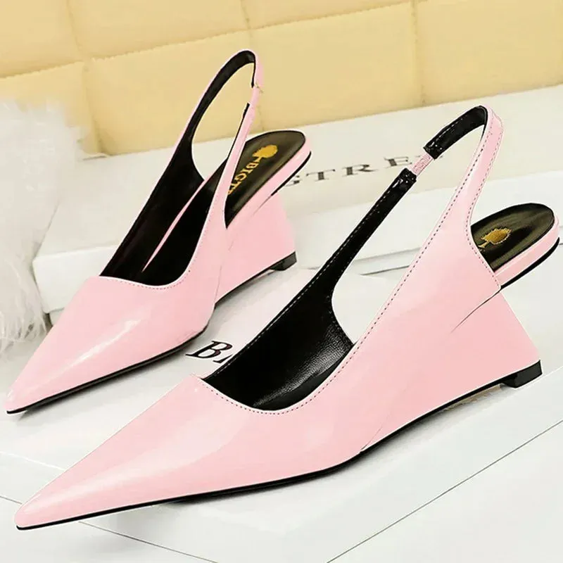 ARWEN AJH 2024 Women 6.5cm High Heels Pumps Lady Pointed Toe Wedges Strange Middle Low Heels White Nude Pink Mules Patent Leather Shoes