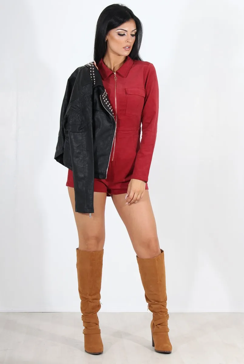 Avah Wine Suede Zip Front Playsuit