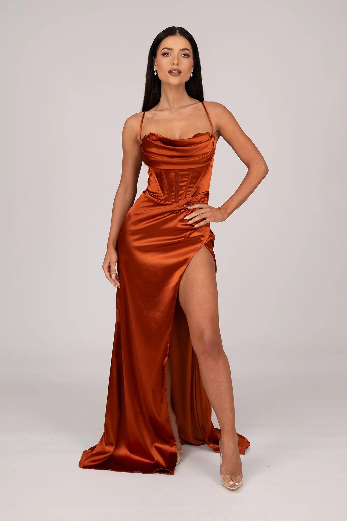 AYANA Corset Satin Gown - Burnt Orange