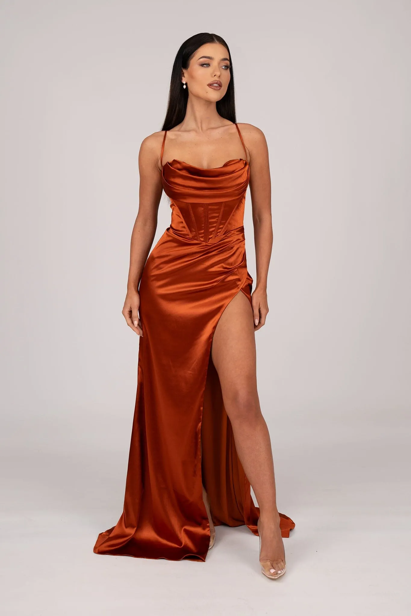 AYANA Corset Satin Gown - Burnt Orange