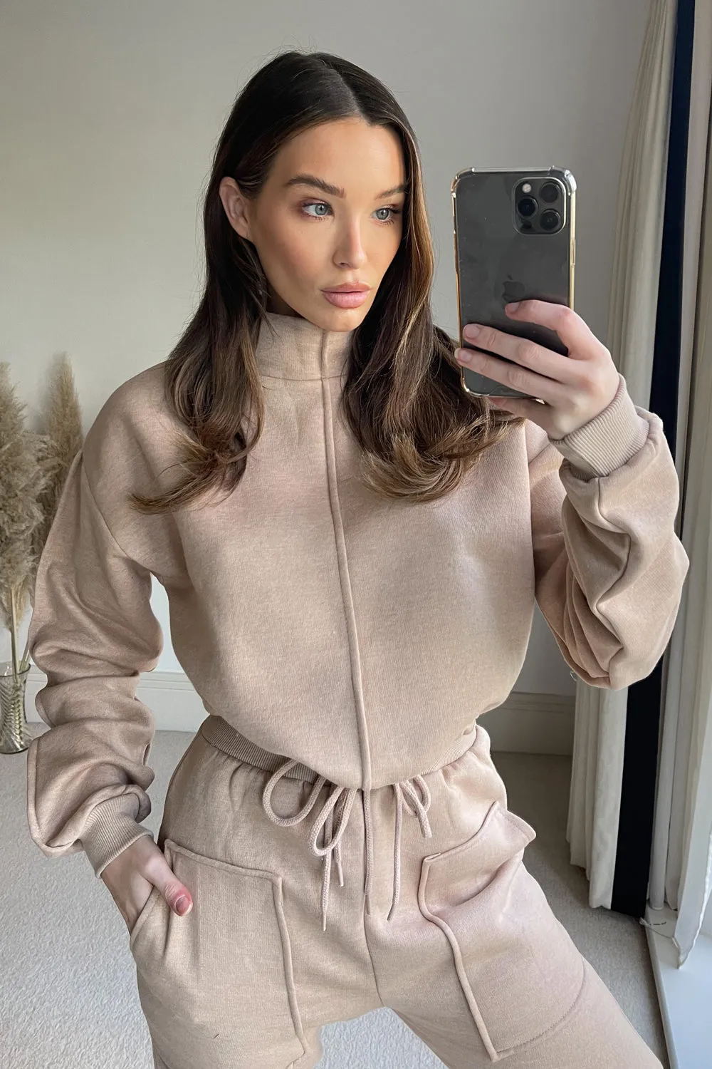 Beige High Neck Drawstring Sweatshirt and Joggers Tracksuit Set