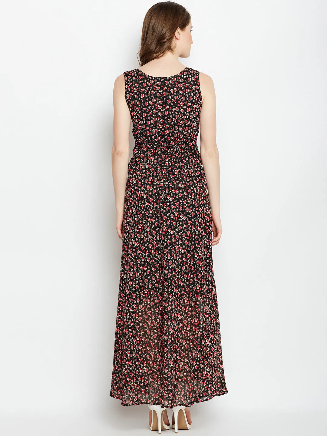 Berrylush Women Black & Red Floral Printed V-Neck Front Tie-Up Flared Maxi Dress