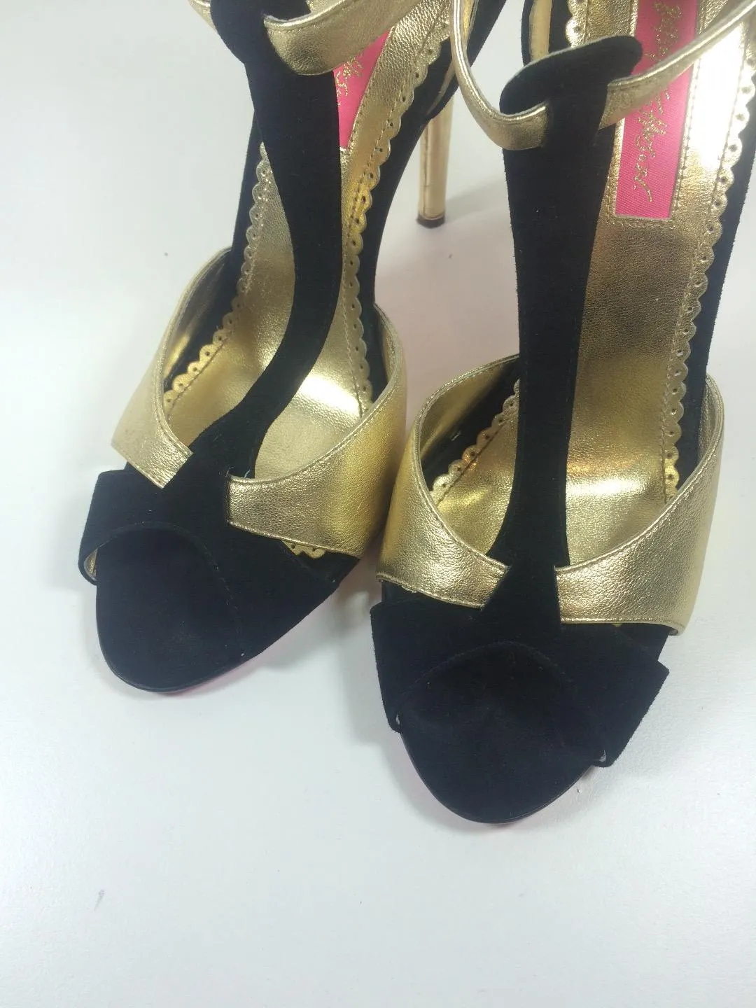 BETSEY JOHNSON Black Suede and Gold Leather T-Strap Peep Toe Stiletto Heels Size 9