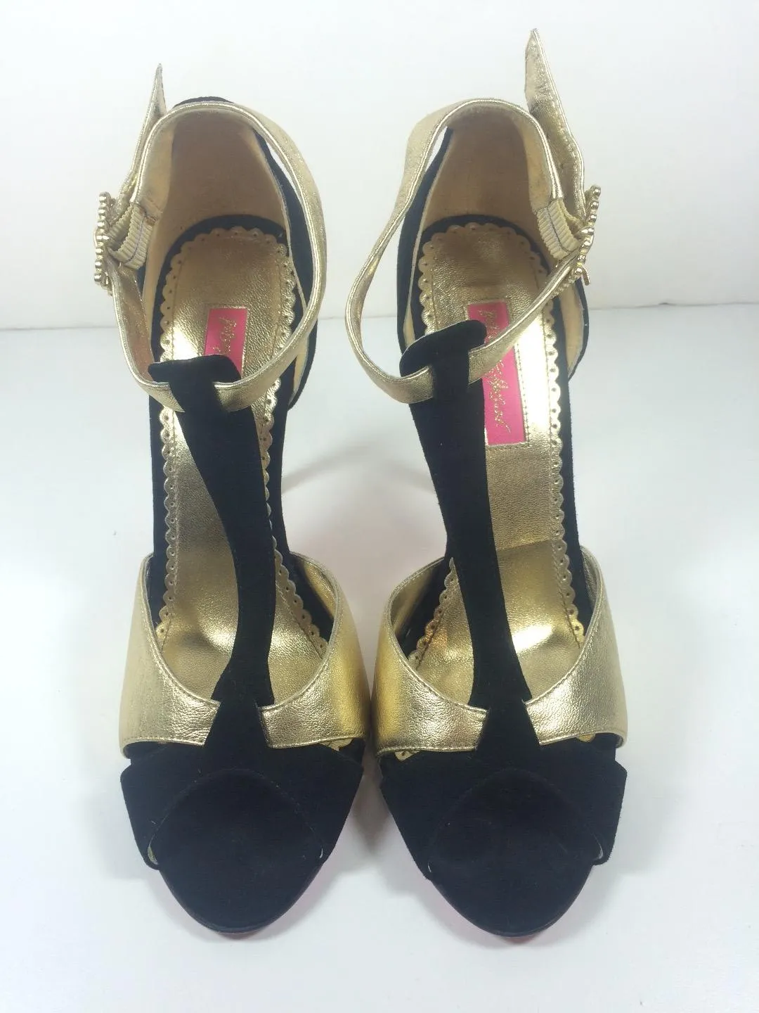 BETSEY JOHNSON Black Suede and Gold Leather T-Strap Peep Toe Stiletto Heels Size 9