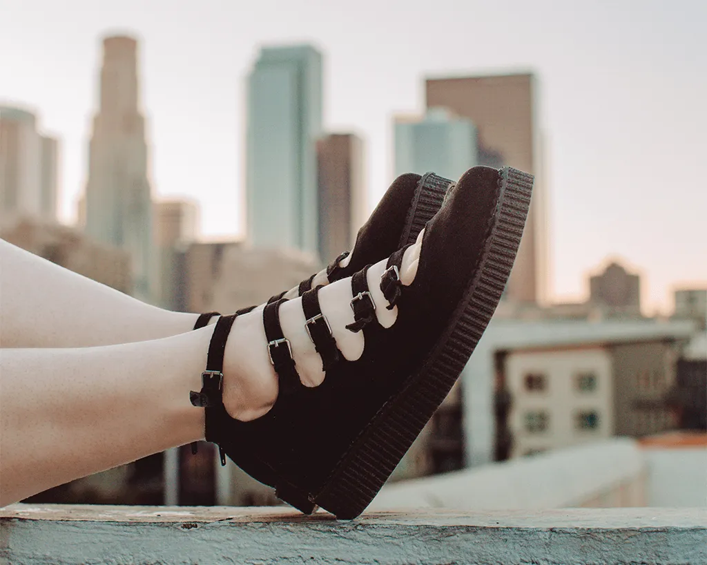 Black Faux Suede Multi-Strap Pointed Mary Jane Creeper