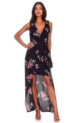 Black Floral V-Neck Wrap Skirt Dress