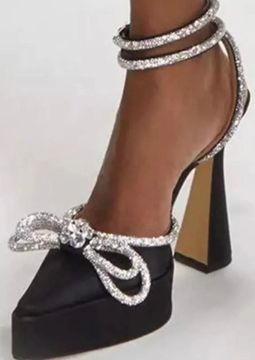 Black Satin Double Bow Platform Heels