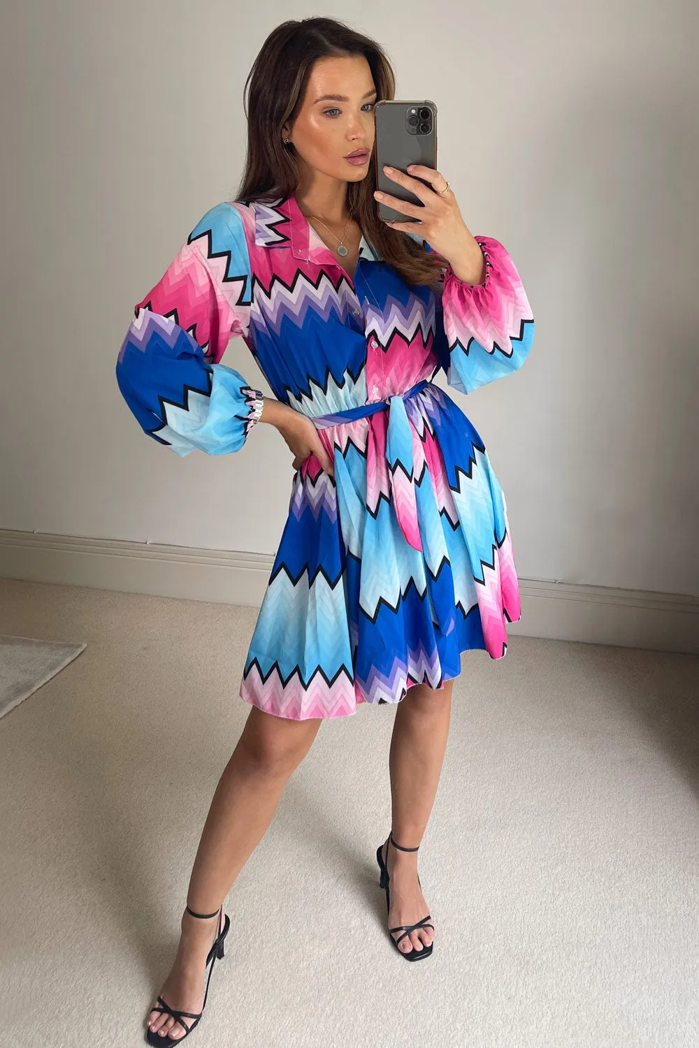 Blue Multi Zig Zag Print Shirt Dress