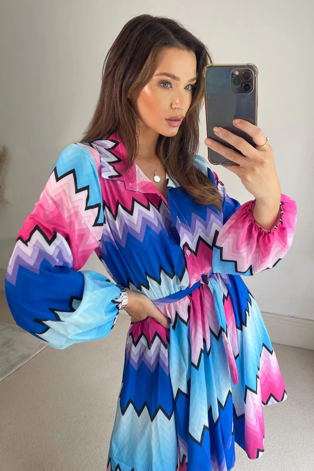 Blue Multi Zig Zag Print Shirt Dress