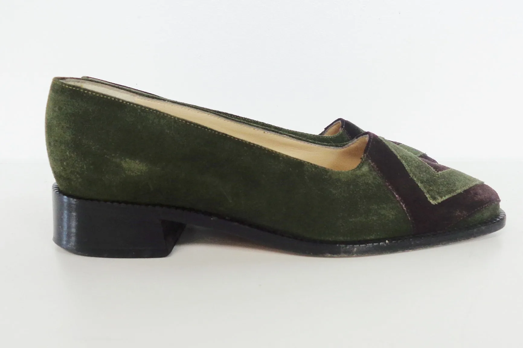 BOTTEGA VENETA Green and Purple Suede Flats with Wooden Block Heel Size 6