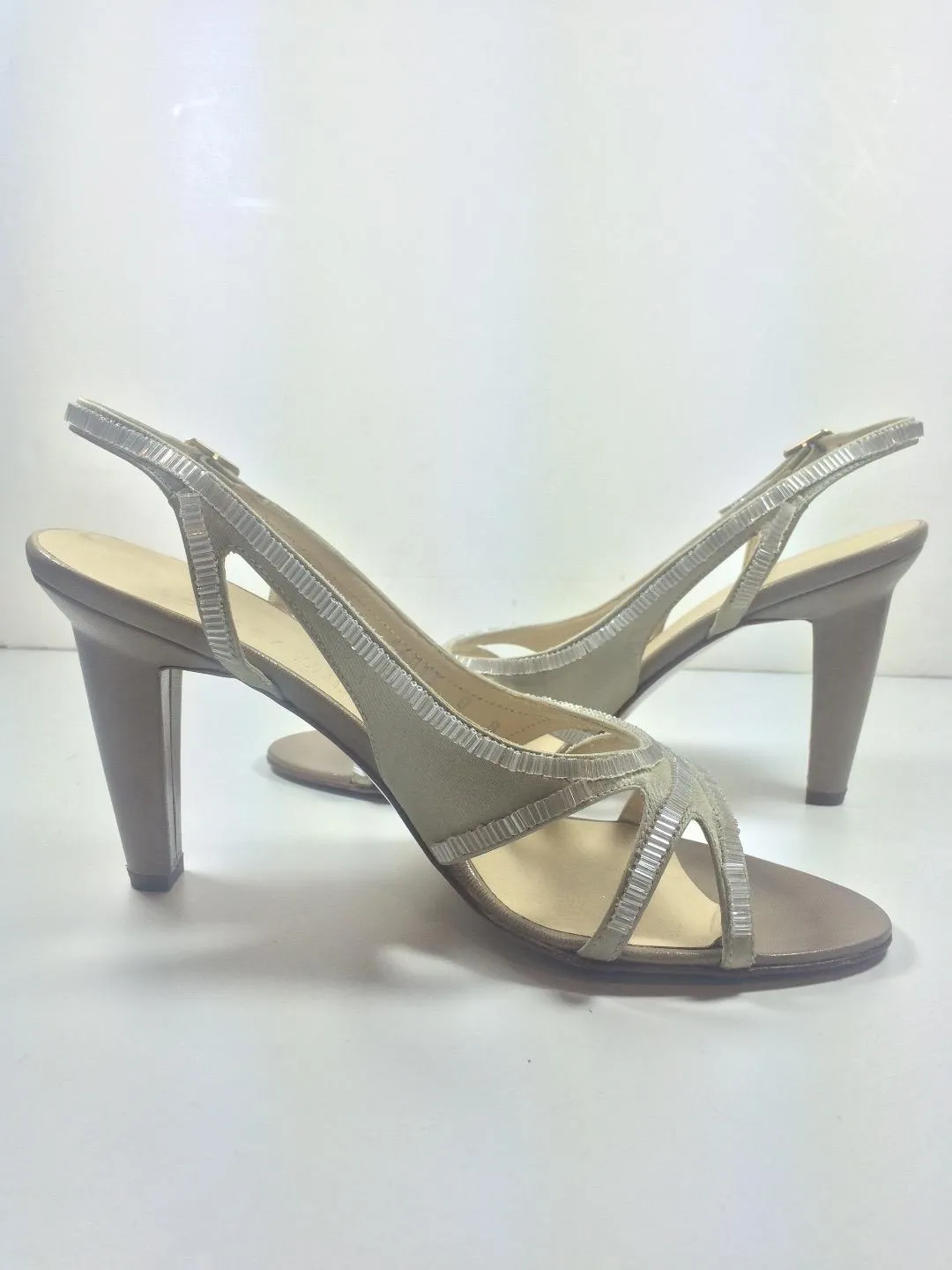 BOTTEGA VENETA Taupe Satin and Leather Beaded Slingback Heels Size 8