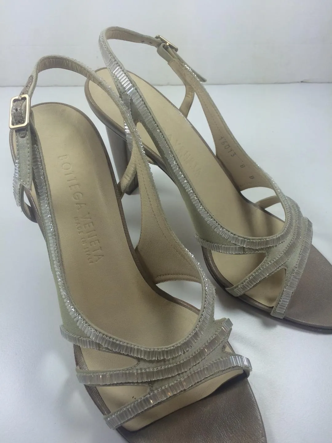 BOTTEGA VENETA Taupe Satin and Leather Beaded Slingback Heels Size 8