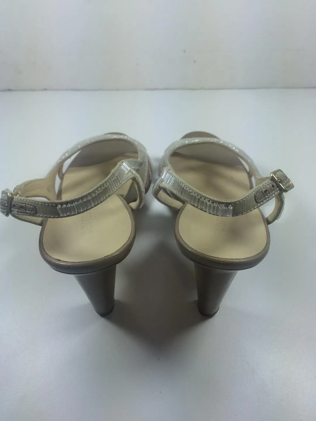 BOTTEGA VENETA Taupe Satin and Leather Beaded Slingback Heels Size 8